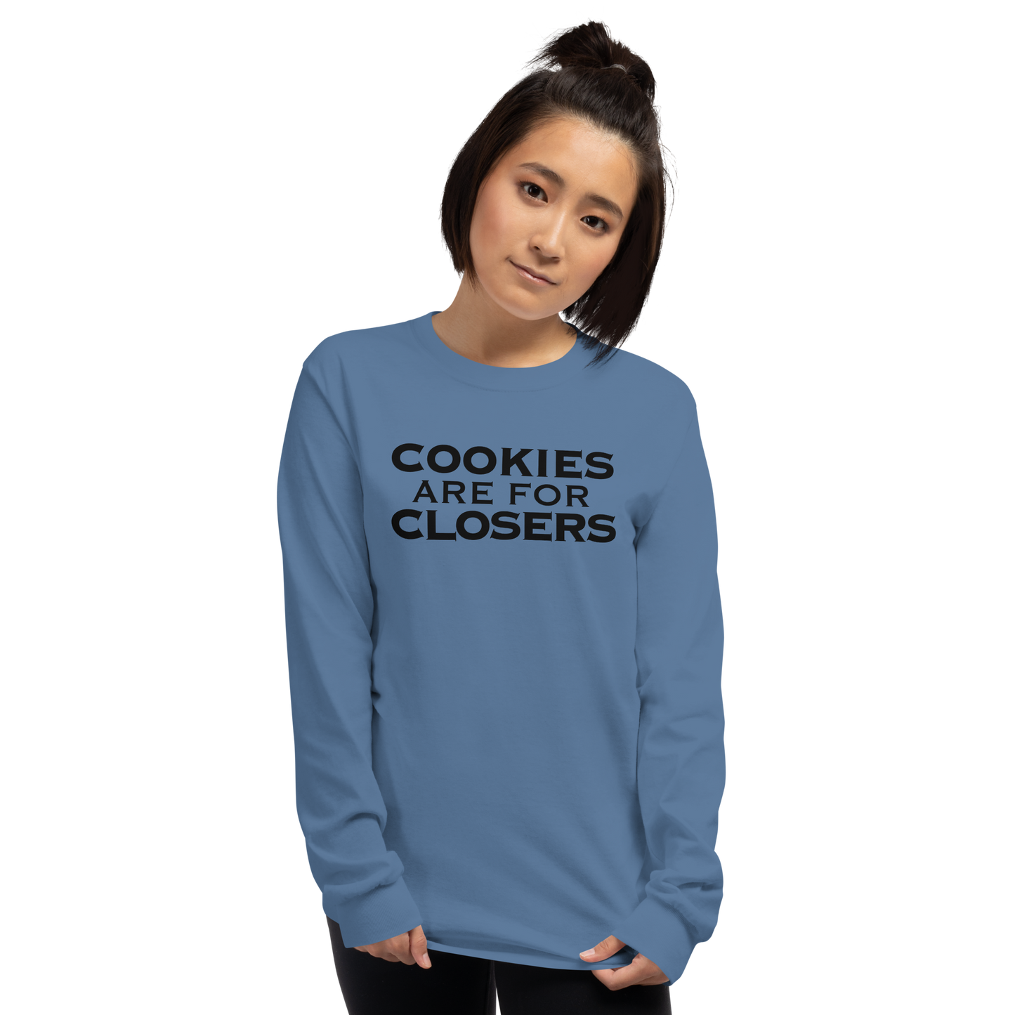 "Cookies Are For Closers" printed on a indigo blue men's long sleeve shirt worn by a female