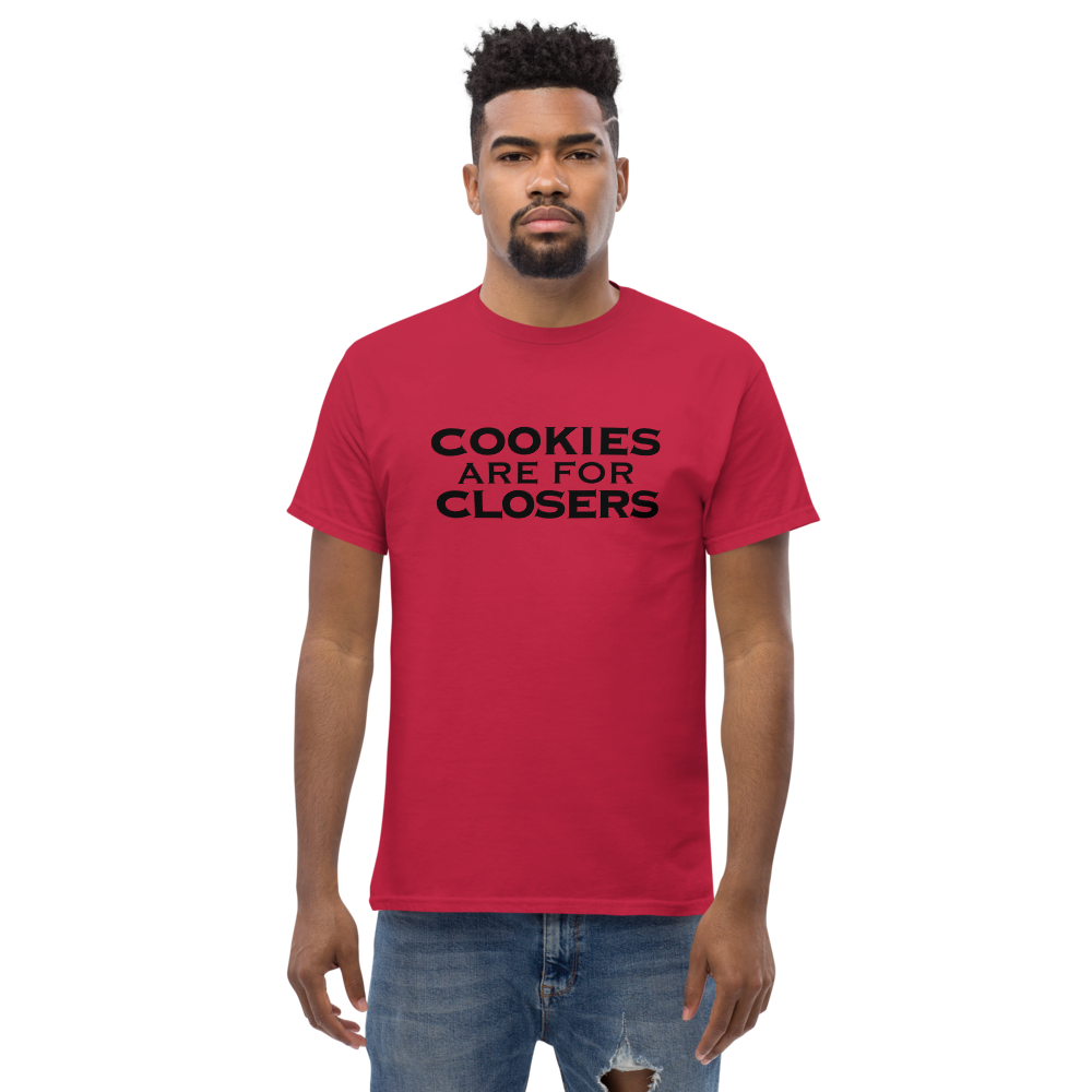 "Cookies Are For Closers" printed on a cardinal unisex classic tee worn by a male