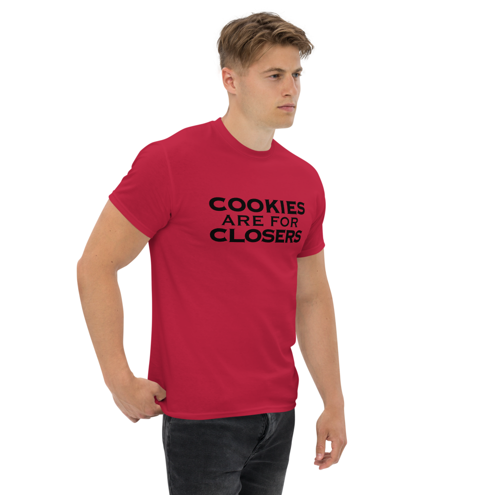 "Cookies Are For Closers" printed on a cardinal unisex classic tee worn by a male
