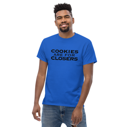 "Cookies Are For Closers" printed on a royal unisex classic tee worn by a male