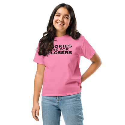 "Cookies Are For Closers" printed on a azalea youth classic tee worn by a female