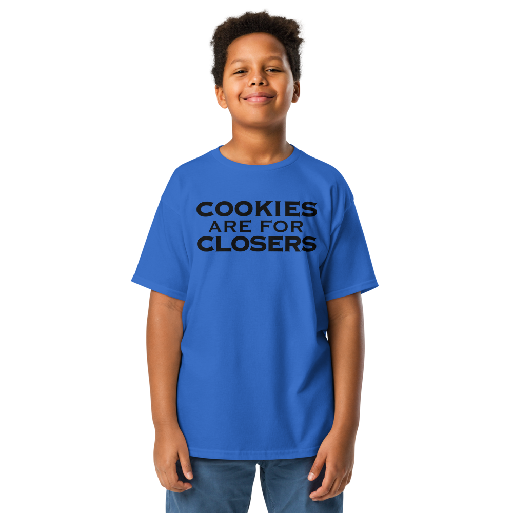 "Cookies Are For Closers" printed on a royal youth classic tee worn by a male