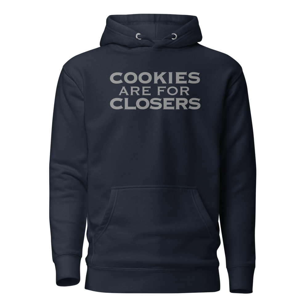 "Cookies Are For Closers" printed on a navy blazer on an invisible / simulated body