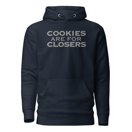 "Cookies Are For Closers" printed on a navy blazer on an invisible / simulated body