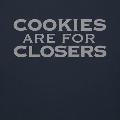 "Cookies Are For Closers" printed on a navy blazer background