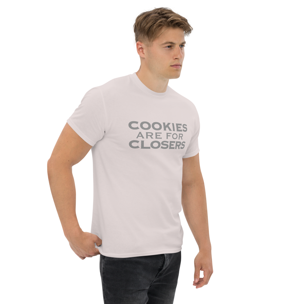 "Cookies Are For Closers" printed on a ice grey unisex classic tee worn by a male