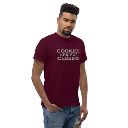 "Cookies Are For Closers" printed on a maroon unisex classic tee worn by a male