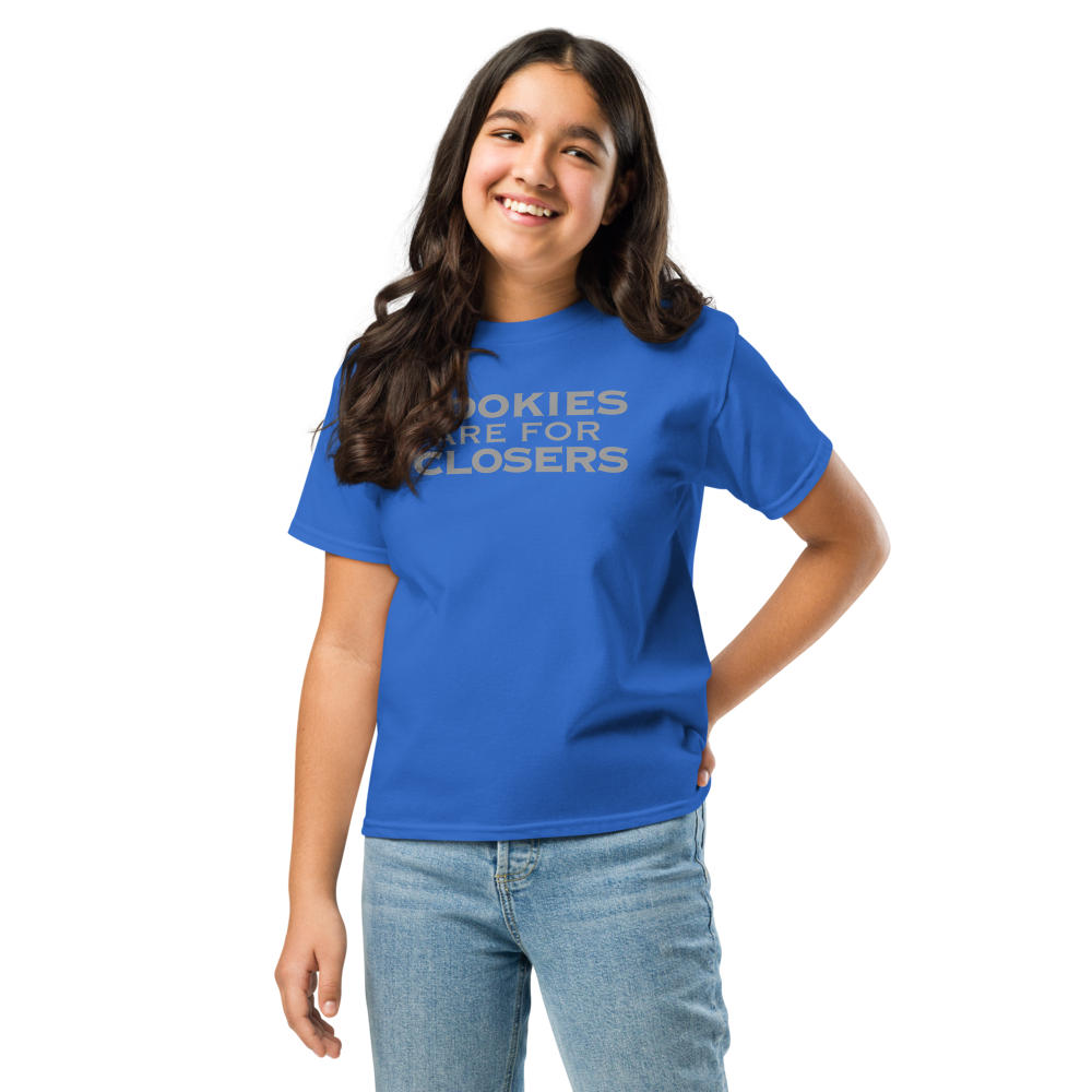 "Cookies Are For Closers" printed on a royal youth classic tee worn by a female