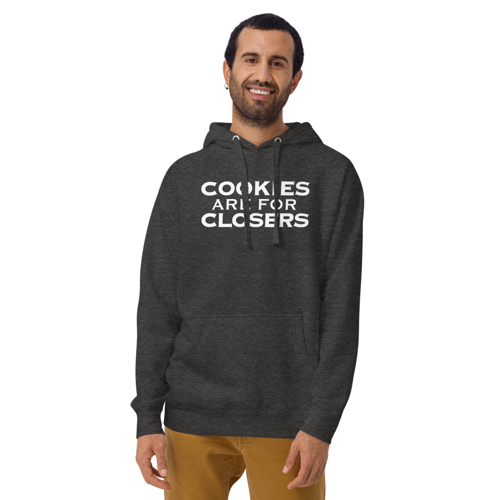 "Cookies Are For Closers" printed on a charcoal heather warn by a male