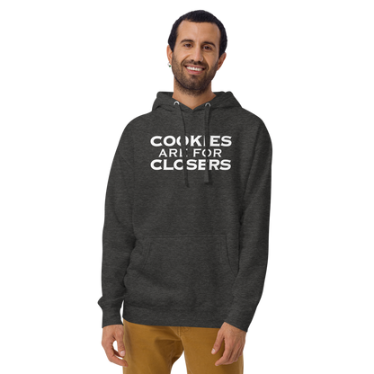 "Cookies Are For Closers" printed on a charcoal heather warn by a male