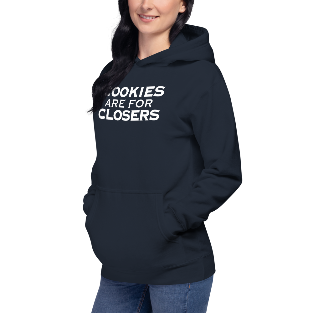 "Cookies Are For Closers" printed on a navy blazer unisex hoodie worn by a female