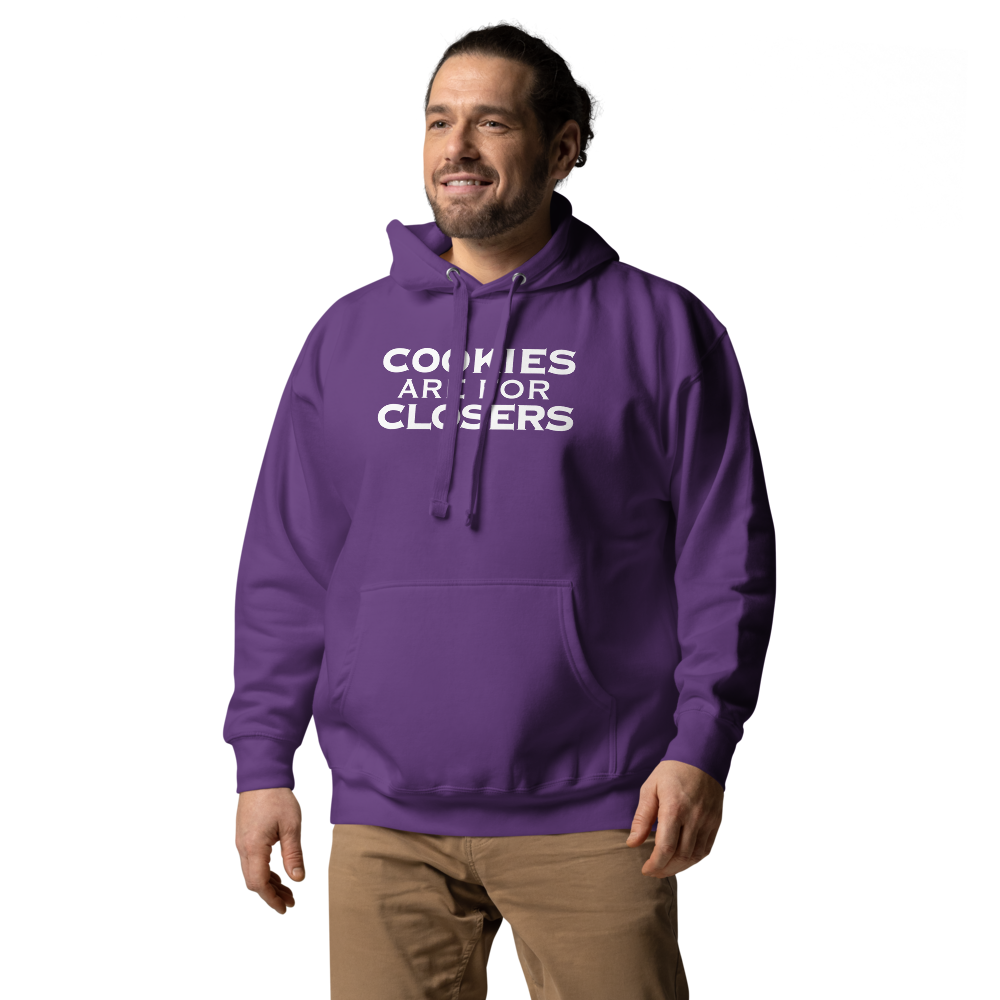 "Cookies Are For Closers" printed on a purple unisex hoodie worn by a male