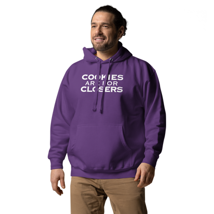 "Cookies Are For Closers" printed on a purple unisex hoodie worn by a male