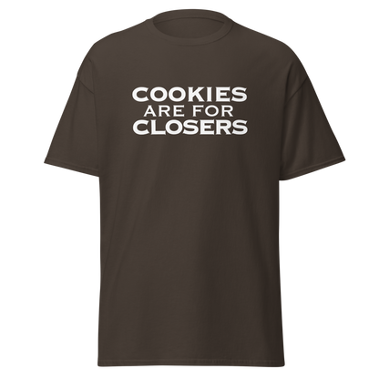 "Cookies Are For Closers" printed on a dark chocolate on an invisible body