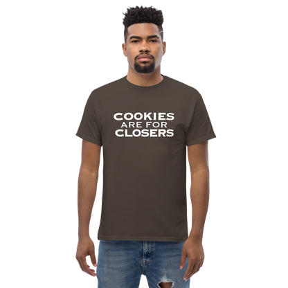 "Cookies Are For Closers" printed on a dark chocolate unisex classic tee worn by a male