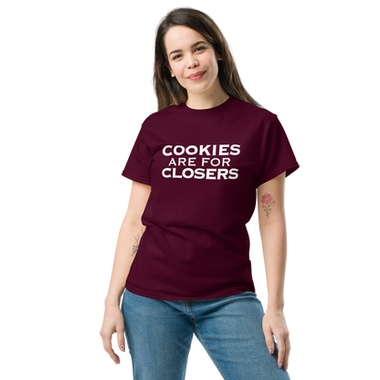 "Cookies Are For Closers" printed on a maroon unisex classic tee worn by a female