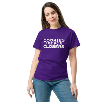 "Cookies Are For Closers" printed on a purple unisex classic tee worn by a female