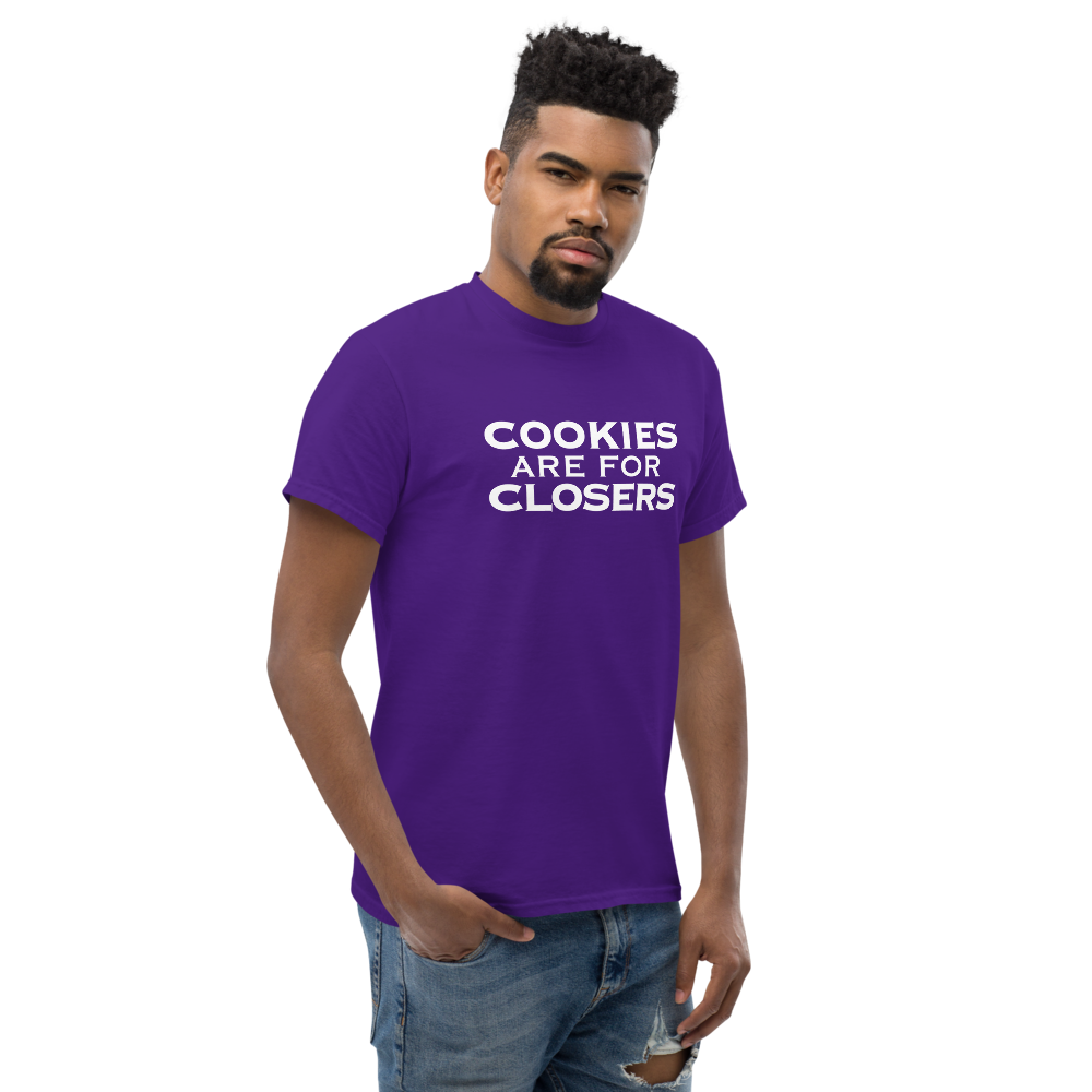"Cookies Are For Closers" printed on a purple unisex classic tee worn by a male