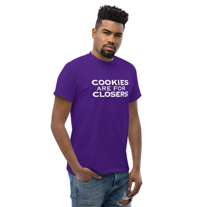 "Cookies Are For Closers" printed on a purple unisex classic tee worn by a male