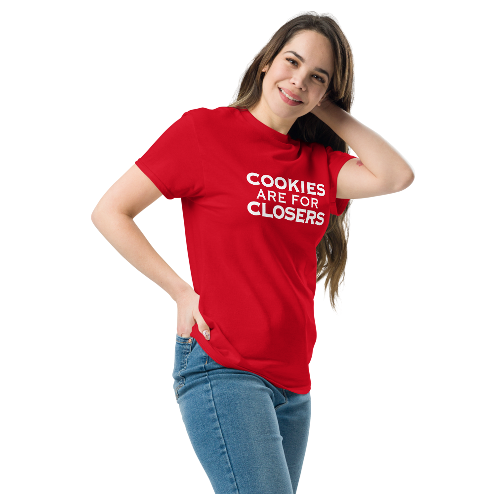"Cookies Are For Closers" printed on a red unisex classic tee worn by a female