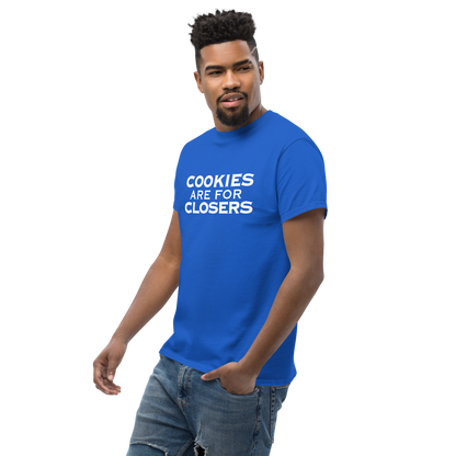 "Cookies Are For Closers" printed on a royal unisex classic tee worn by a male