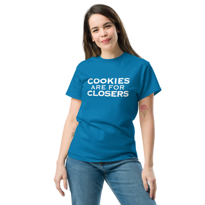 "Cookies Are For Closers" printed on a sapphire unisex classic tee worn by a female