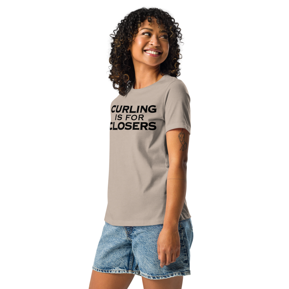 "Curling Is For Closers" printed on a heather stone women's relaxed t-shirt worn by a female