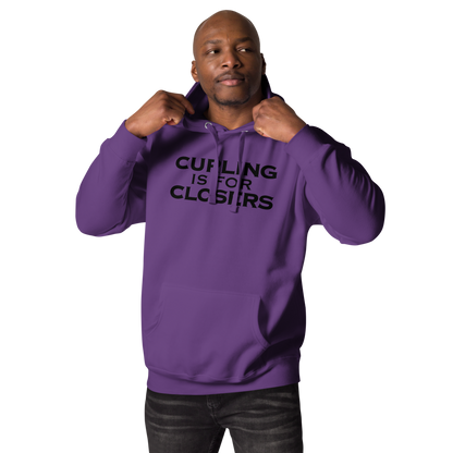 "Curling Is For Closers" printed on a purple unisex hoodie worn by a male