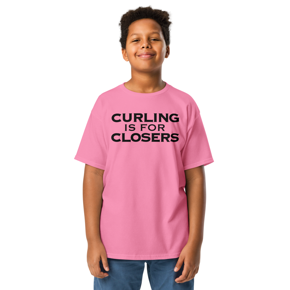 "Curling Is For Closers" printed on a azalea youth classic tee worn by a male