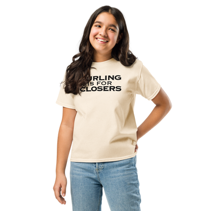 "Curling Is For Closers" printed on a natural youth classic tee worn by a female