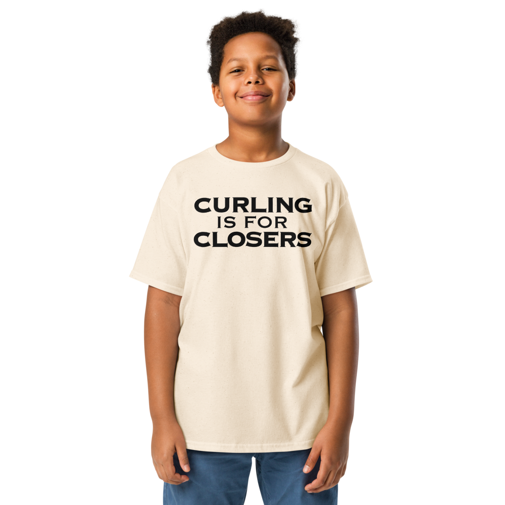 "Curling Is For Closers" printed on a natural youth classic tee worn by a male
