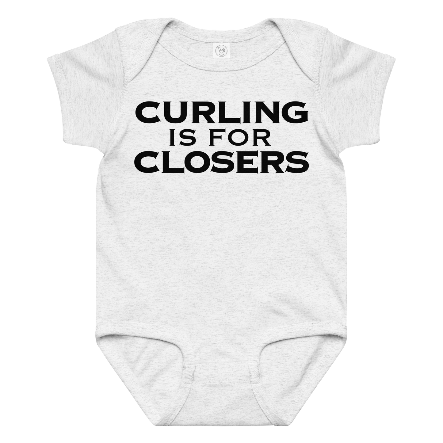 "Curling Is For Closers" printed on a ash baby jersey bodysuit laying on a flat surface amongst other clothes
