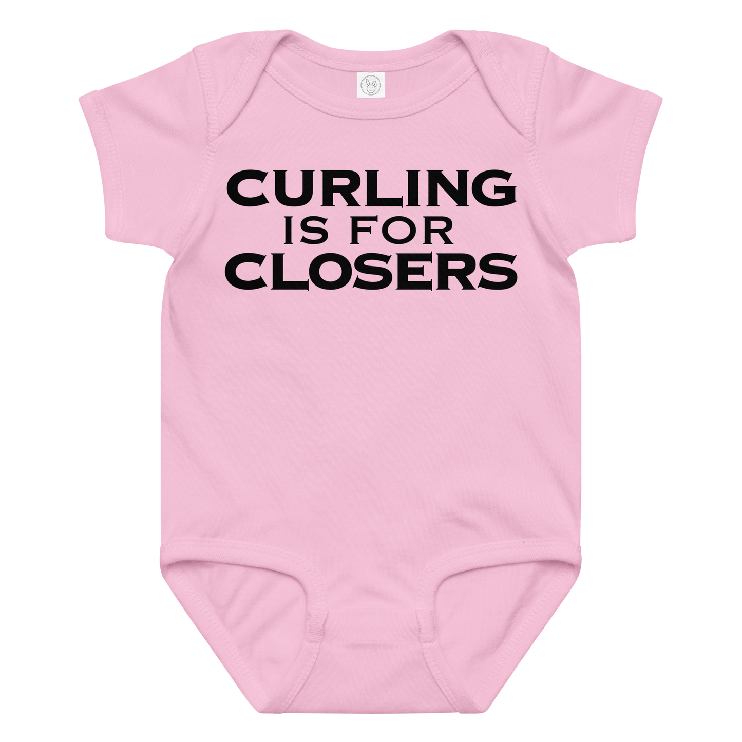 "Curling Is For Closers" printed on a pink baby jersey bodysuit laying on a flat surface amongst other clothes