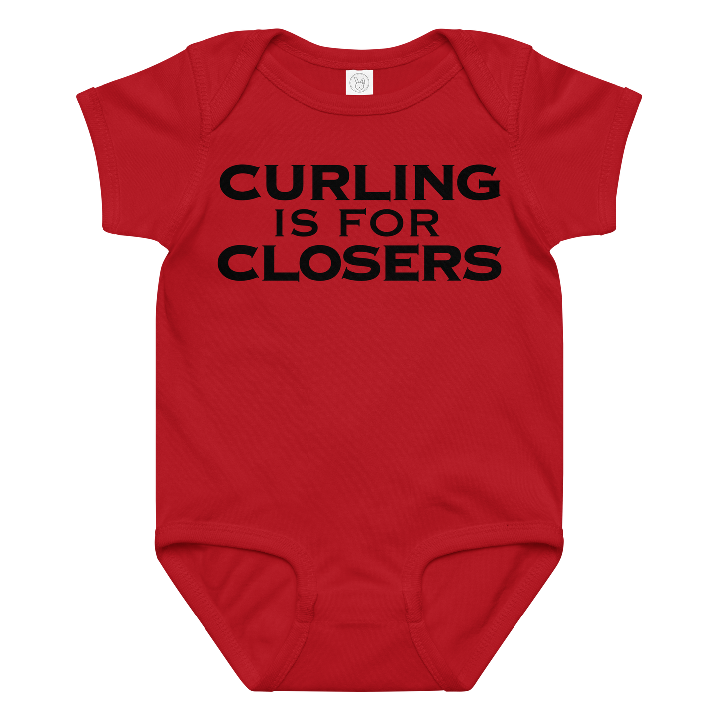 "Curling Is For Closers" printed on a red baby jersey bodysuit laying on a flat surface amongst other clothes