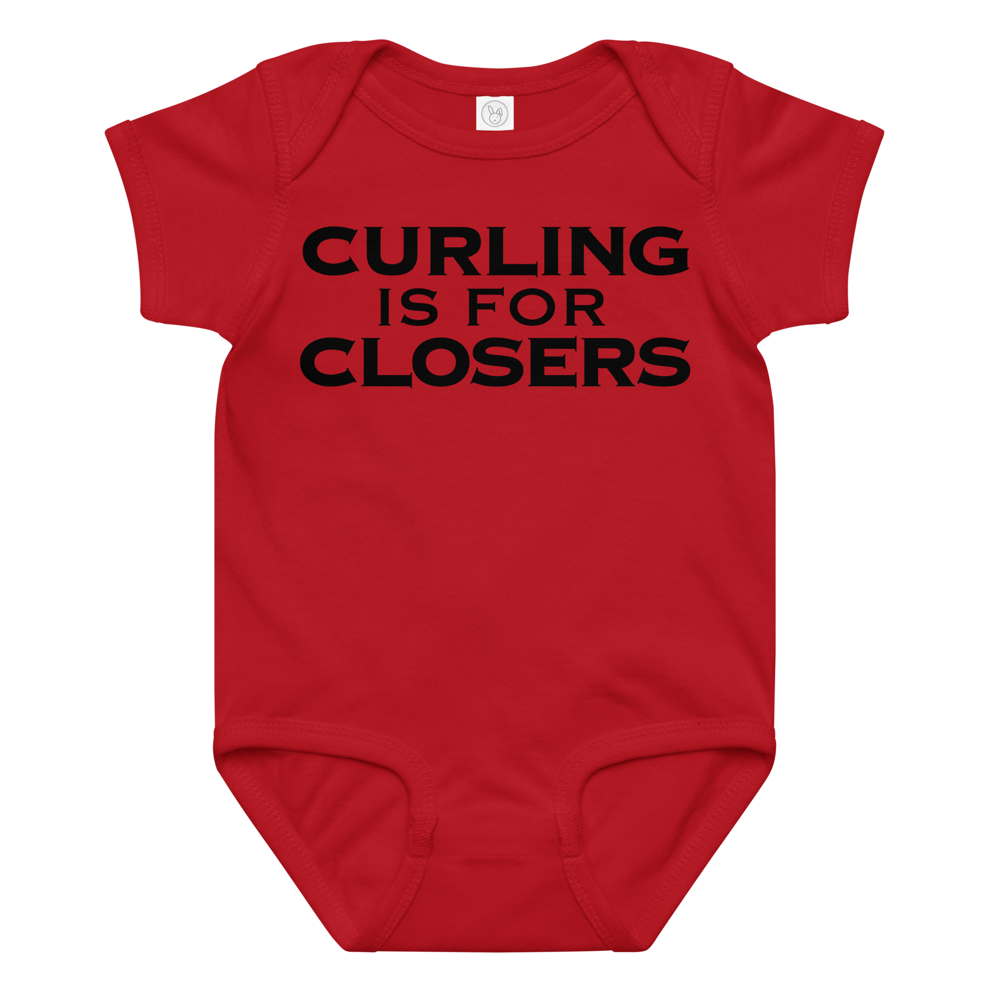 "Curling Is For Closers" printed on a red baby jersey bodysuit laying on a flat surface amongst other clothes