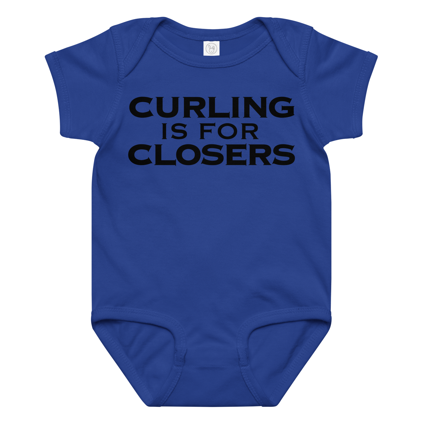 "Curling Is For Closers" printed on a royal baby jersey bodysuit laying on a flat surface amongst other clothes