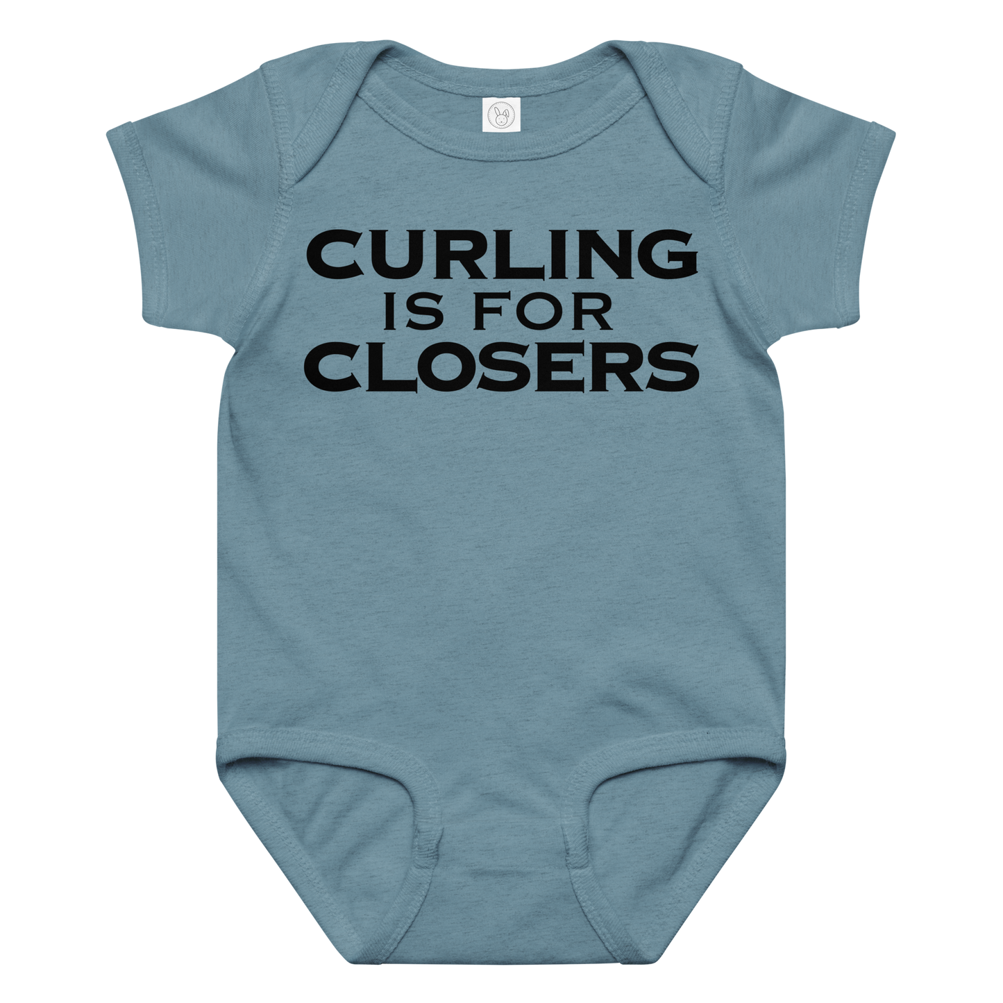 "Curling Is For Closers" printed on a vintage indigo baby jersey bodysuit laying on a flat surface amongst other clothes