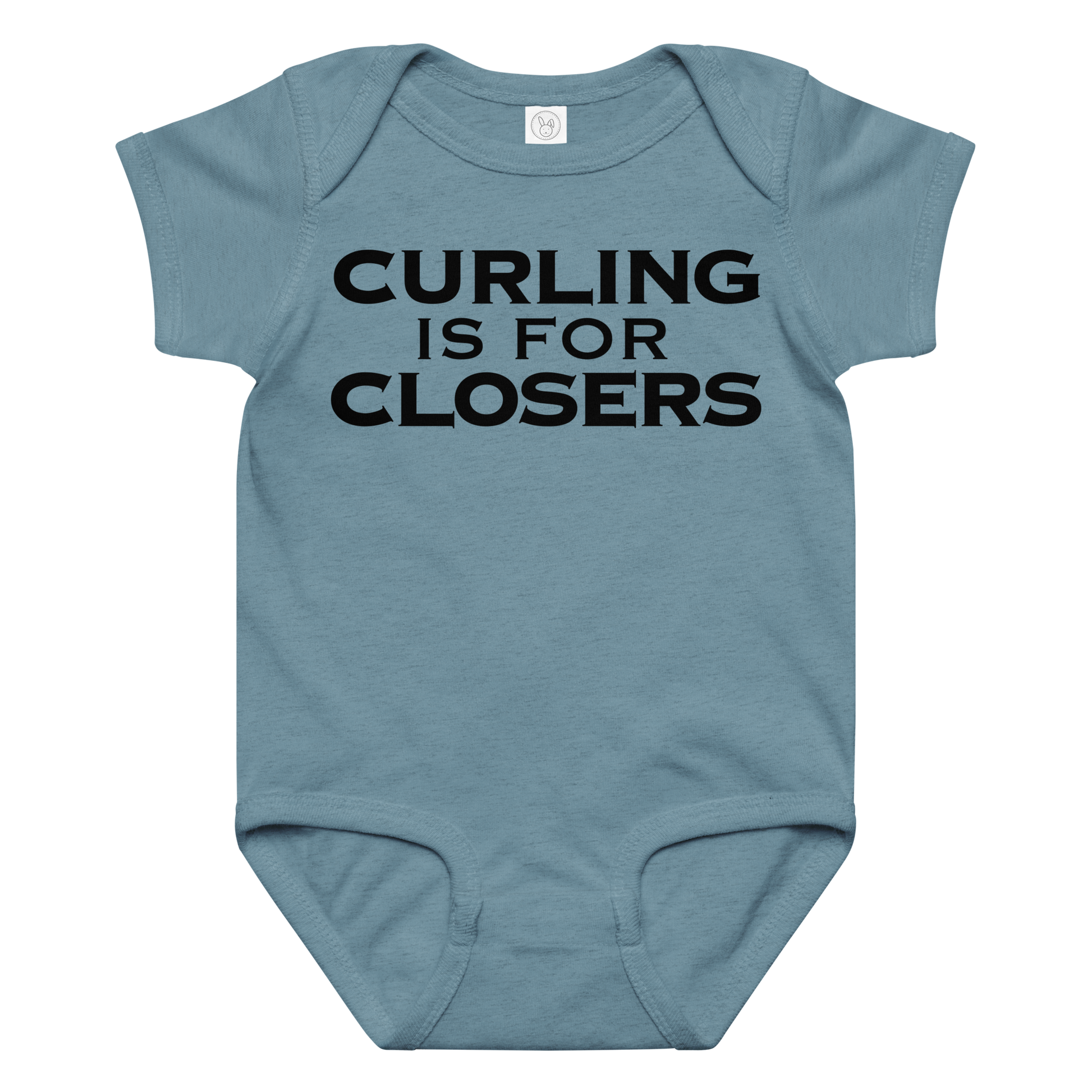 "Curling Is For Closers" printed on a vintage indigo baby jersey bodysuit laying on a flat surface amongst other clothes