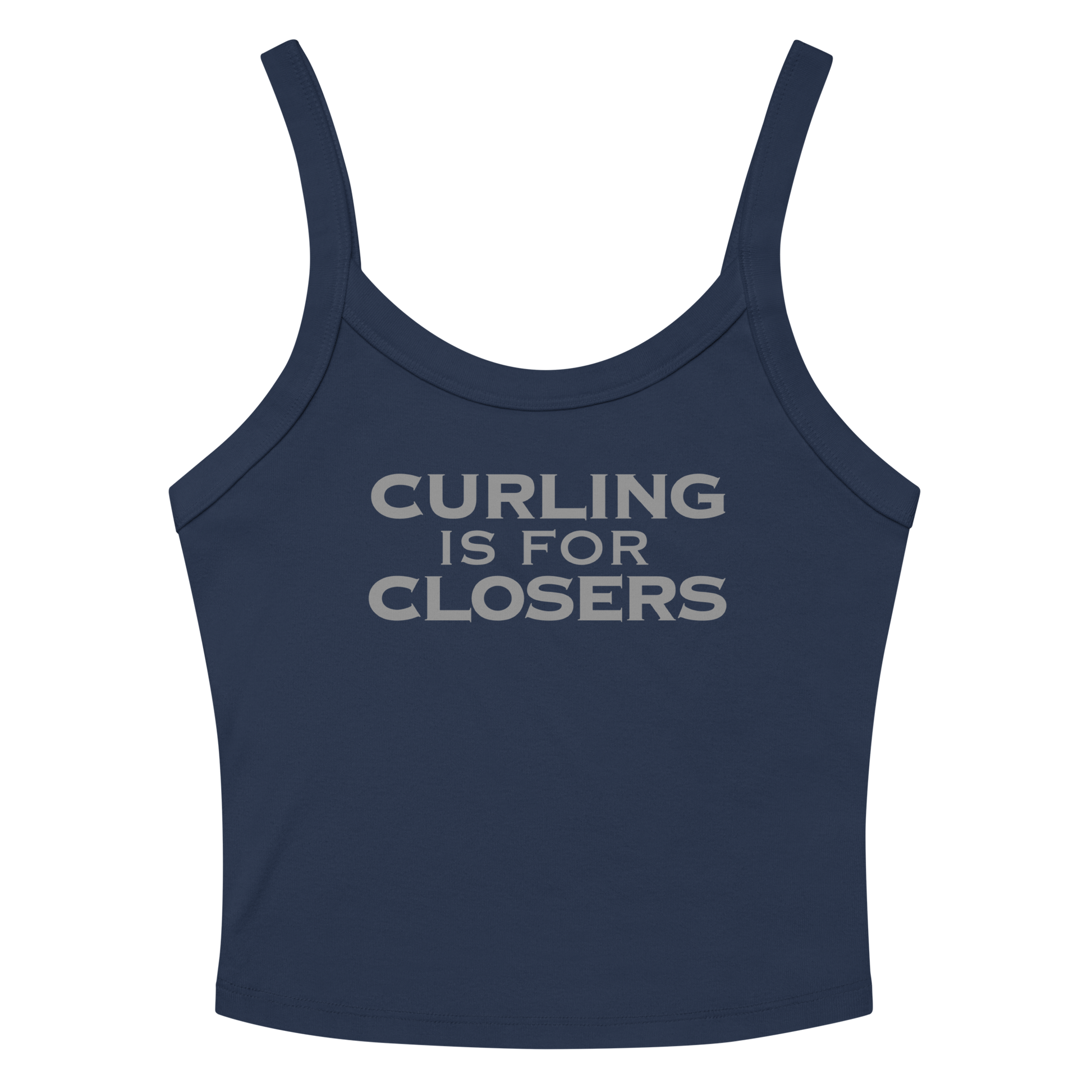 "Curling Is For Closers" printed on a solid navy blend women's micro-rib tanktop laying on a flat surface amongst sunglasses and shorts
