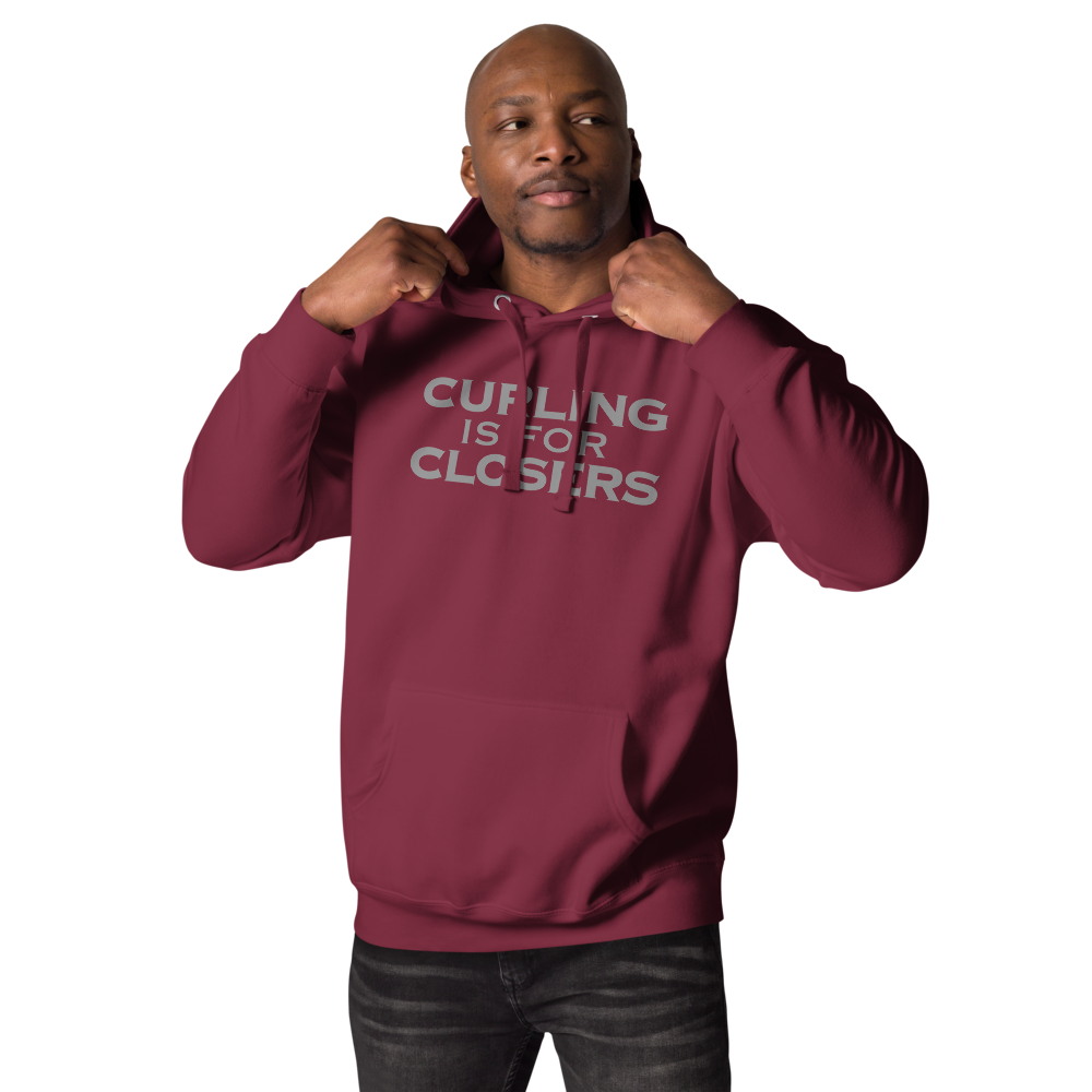 "Curling Is For Closers" printed on a maroon unisex hoodie worn by a male