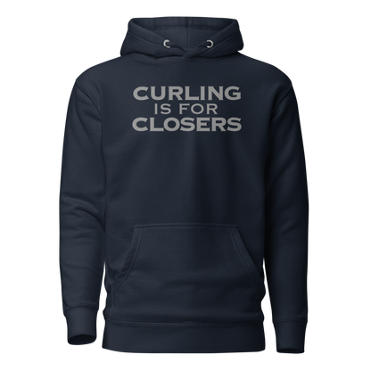 "Curling Is For Closers" printed on a navy blazer on an invisible / simulated body