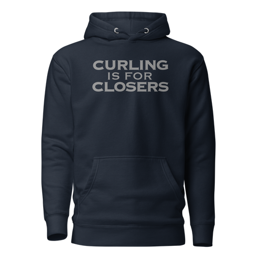 "Curling Is For Closers" printed on a navy blazer on an invisible / simulated body