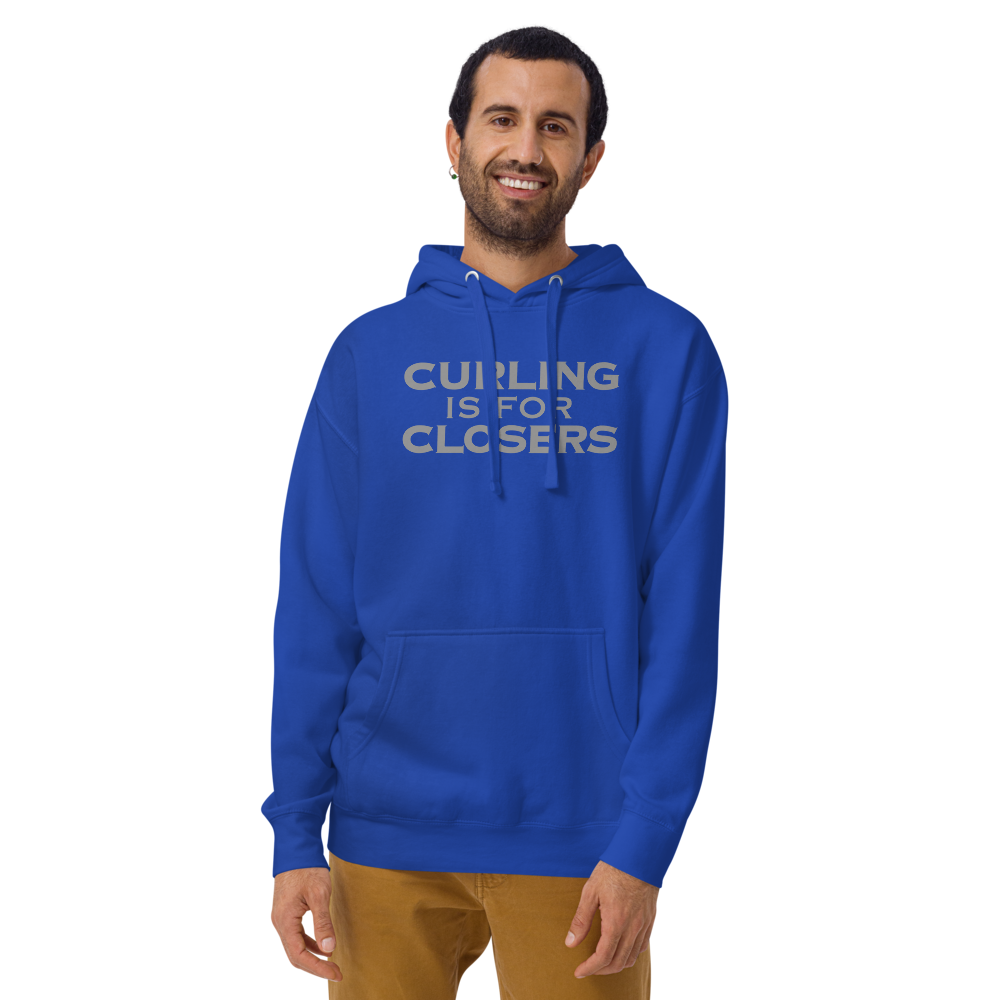 "Curling Is For Closers" printed on a team royal warn by a male