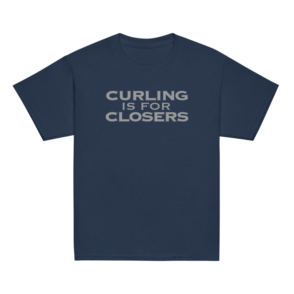 "Curling Is For Closers" printed on a navy youth classic tee laying on a flat surface