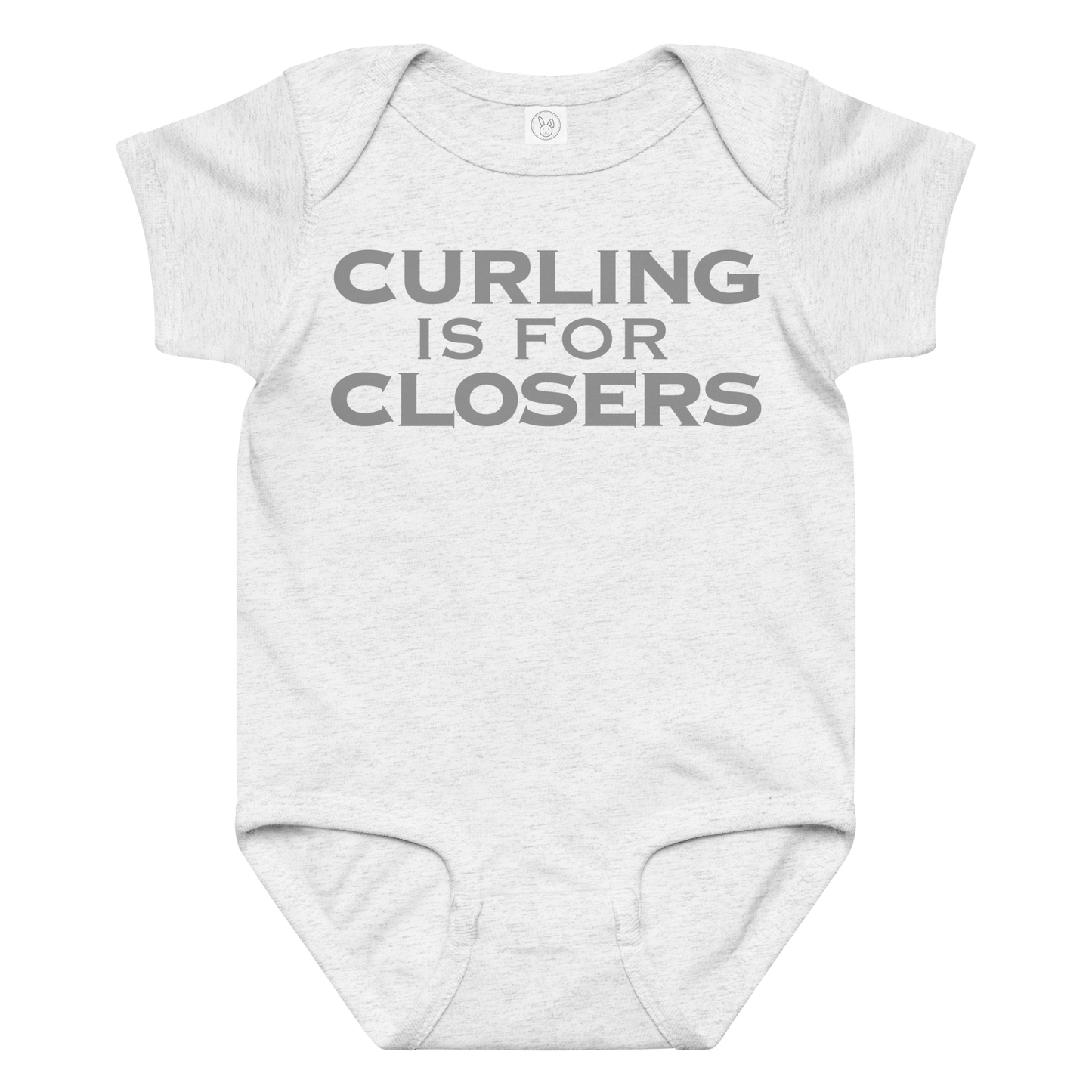 "Curling Is For Closers" printed on a ash baby jersey bodysuit laying on a flat surface amongst other clothes