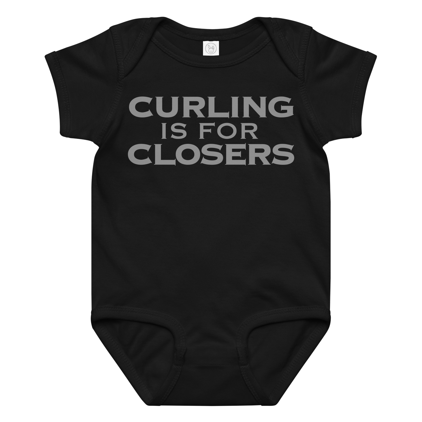 "Curling Is For Closers" printed on a black baby jersey bodysuit laying on a flat surface amongst other clothes