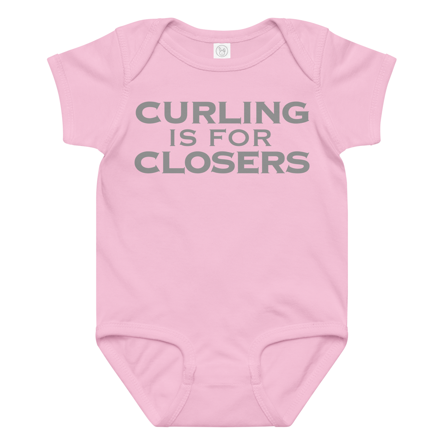 "Curling Is For Closers" printed on a pink baby jersey bodysuit laying on a flat surface amongst other clothes