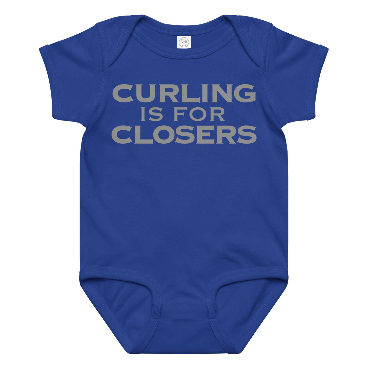"Curling Is For Closers" printed on a royal baby jersey bodysuit laying on a flat surface amongst other clothes