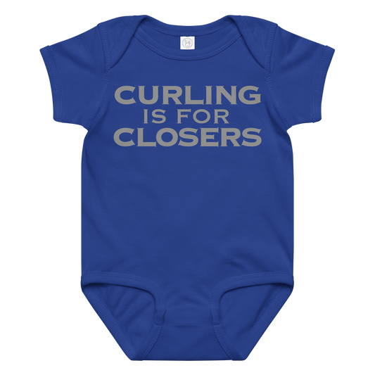 "Curling Is For Closers" printed on a royal baby jersey bodysuit laying on a flat surface amongst other clothes