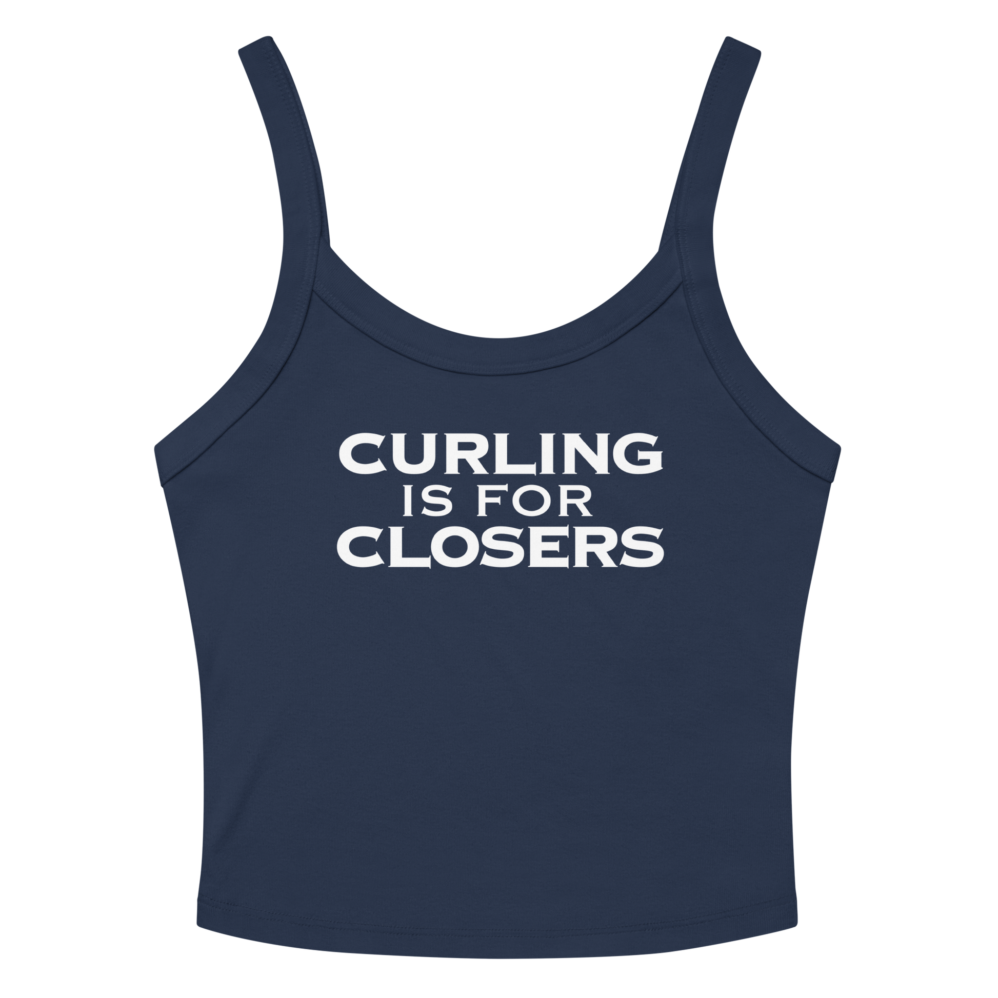 "Curling Is For Closers" printed on a solid navy blend women's micro-rib tanktop laying on a flat surface amongst sunglasses and shorts